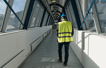 Man in a neon construction vest walking down a modern indoor walkway