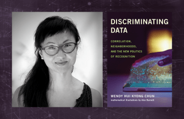 Wendy Chun headshot next to Discriminating Data book cover, hand over data image