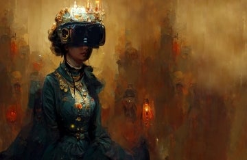 A fanciful painted image of a young Queen Victoria in an ornate dress wearing a combination crown and VR headset surrounded by candles at a seance