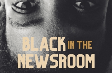 Image of a boy's face upside down with the words "Black in the Newsroom"