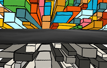 Illustration of city buildings with colorful ones and dark ones divided by a road.