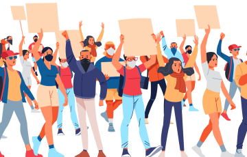 Illustration of protestors holding up signs.