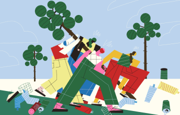 Illustration of a group of people working together to lift a fallen tree.