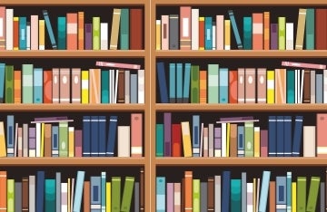 Colorful graphic of many books piled on to bookshelves