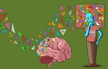 Illustration of a person thinking, a brain, and a stream of triangles with eco-related icons