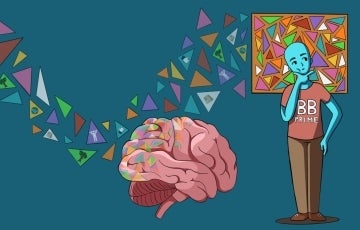 llustration of a person thinking, a brain, and a stream of triangles