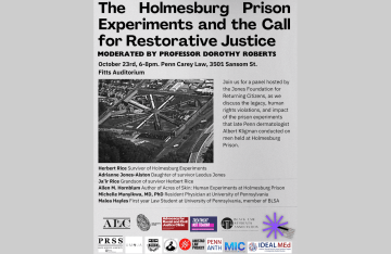 The Holmesburg Prison Experiments and the Call for Restorative Justice A Panel Hosted by the Jones Foundation for Returning Citizens 6:00pm-8:00pm Penn Carey Law 3501 Sansom Street Fitts Auditorium