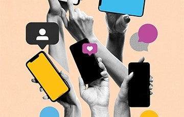 Abstract graphic of hands holding phones surrounded by social media icons
