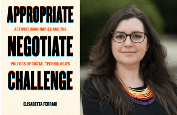 Book cover of &quot;Appropriate, Negotiate, Challenge&quot; next to a portrait of Elisabetta Ferrari