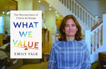 Emily Falk with book cover for &quot;What We Value&quot;
