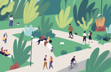 Vector illustration of a landscape with people walking, playing, riding bicycle at city park