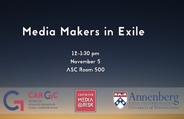 Event poster featuring details about Media Makers in Exile panel on Nov 5, 2025