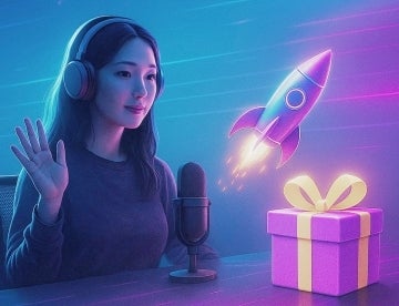 An image featuring a woman, a rocket, and a gift box