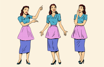 pop art style illustration of three women wearing aprons and 1950s style dresses