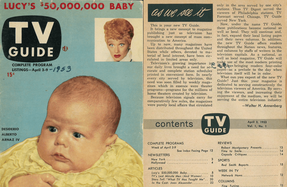 Cover and table of contents for the first issue of the TV Guide, April 3, 1953