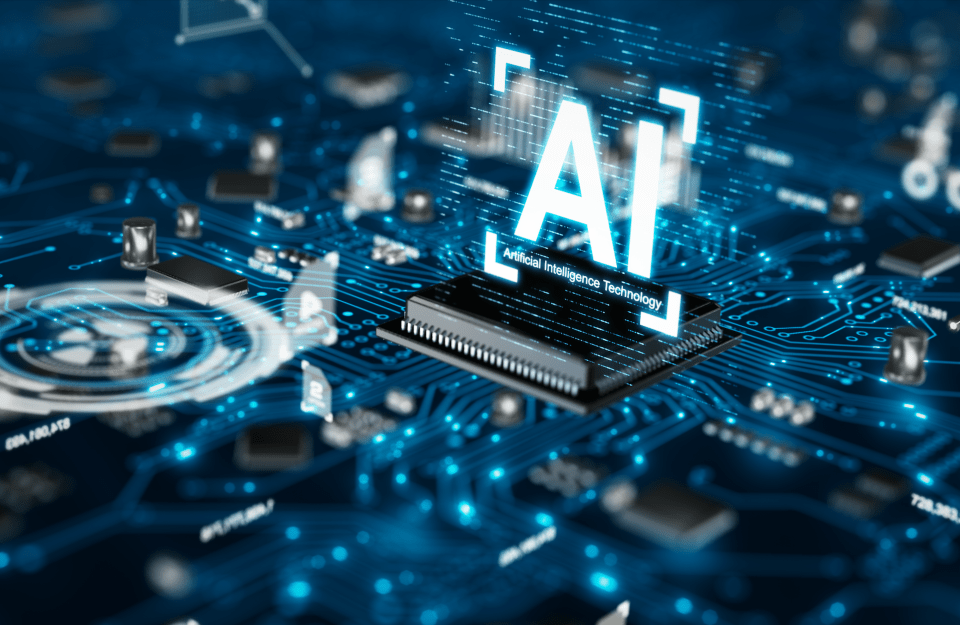 conceptional image of computer chip board with the letters AI pushing out of it