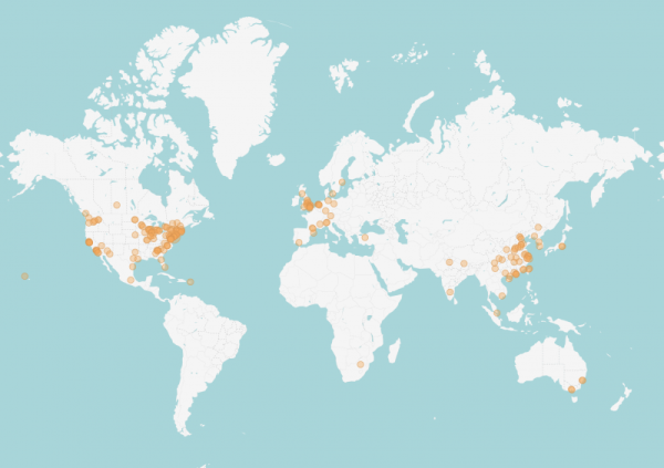 Map of the world showing with orange dots where people called in from, with a concentration in north America, Europe, and Asia