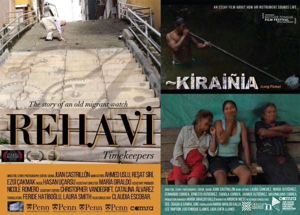 Movie posters for Rehavi (Timekeepers) and Kiraiñia (Long Flutes), directed by Juan Castrillón