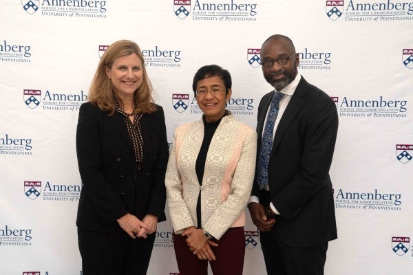 Penn President Liz Magill, Maria Ressa, and Annenberg School for Communication Dean John L. Jackson, Jr.