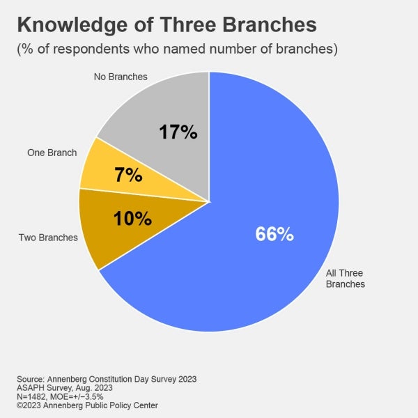 Pie chart visualizing that 66% of U.S. adults could name all three branches of government, while 10% could name two of the branches, 7% could name only one, and 17% could not name any branches.