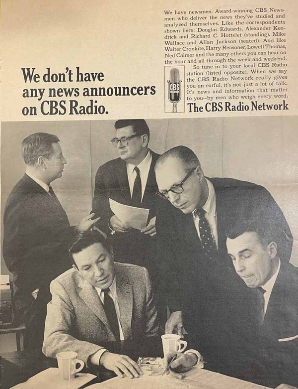 Advertisement for CBS Radio Network showing Edward R. Murrow with various other journalists