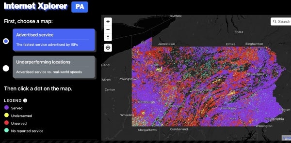 A screenshot of an interactive map of Pennsylvania showing the strength of internet connections across the state