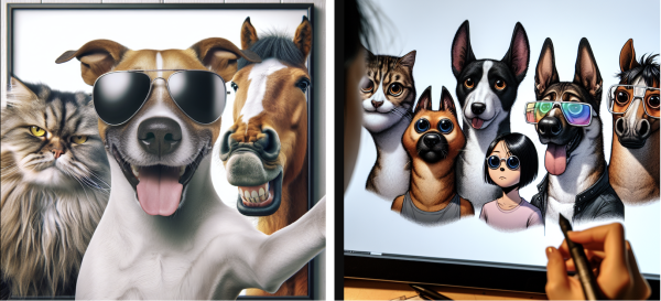 Two AI-generated photos. On the left is a cartoon of a dog, a horse, and a cat. On the right is a cartoon of a hand drawing 3 dogs, a horse, a cat, and a person on an e-tablet