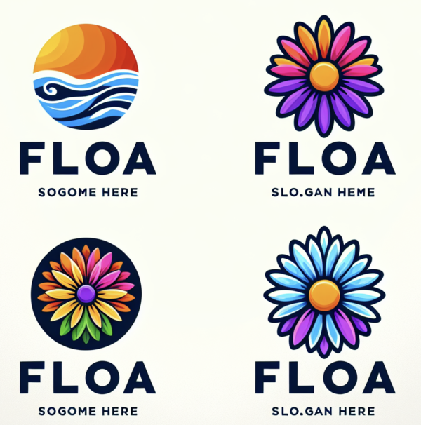 An AI-Generated Poster shows four versions of a logo for a brand called "FLOA."  The logos each say FLOA and either "SLO.GAN HERE" or "SOGOME HERE." the cartoon logos depict a wave with a sunset; a pink and purple daisy; a rainbow colored daisy; and a blue daisy
