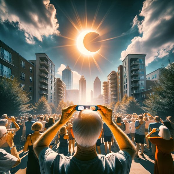 An AI-Generated cartoon of people watching a partial solar eclipse in downtown Atlanta, Georgia