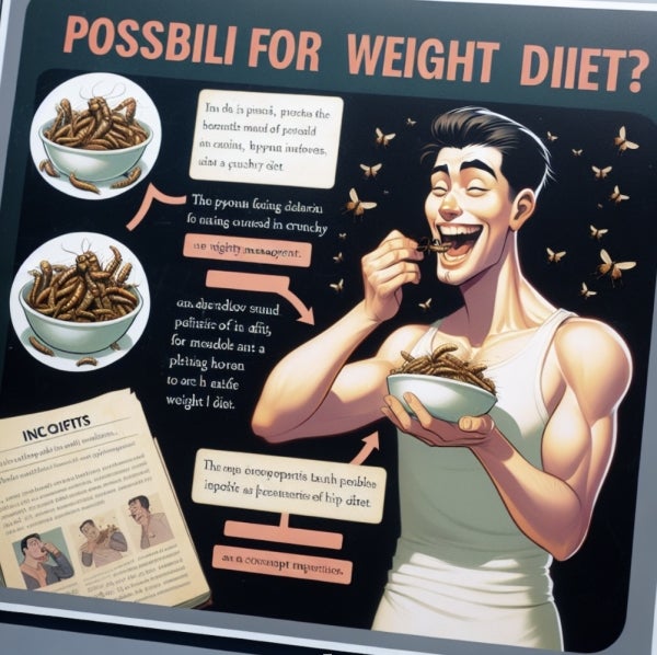 An AI-Generated Poster shows a cartoon man in a tank top eating a bowl of insects. The top of the poster reads, "POSSBILI FOR WEIGHT DIIET?" The poster is covered in inscrutable text