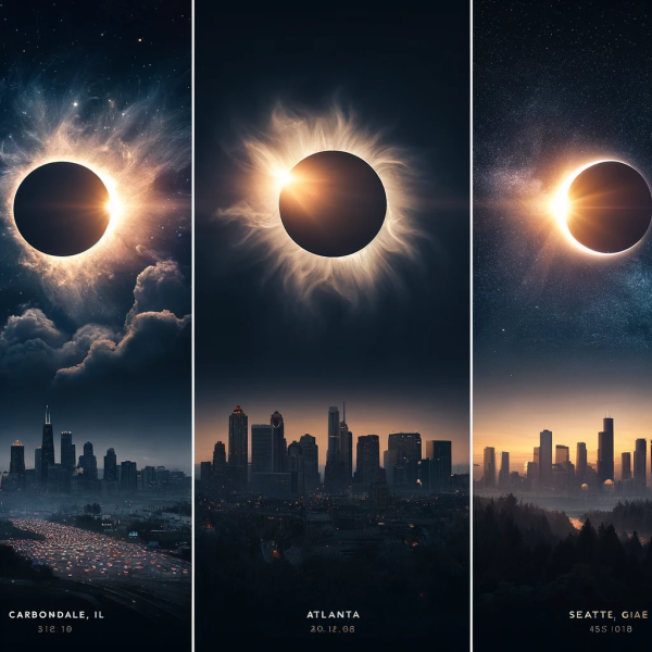 AI-generated image of what the solar eclipse supposedly looked like from Carbondale, Illinois (shows a total eclipse), Atlanta, Georgia (total eclipse), and  Seattle, Washington (partial eclipse)