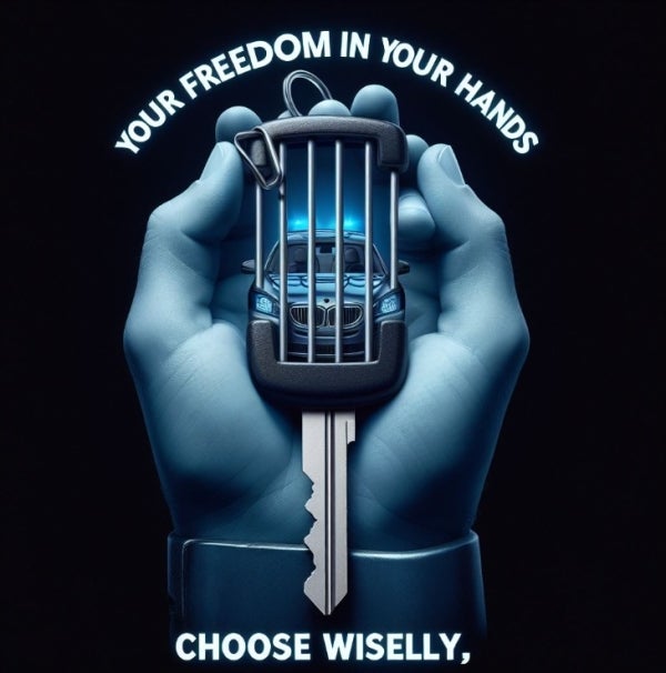 An AI-Generated Poster shows a drawing of a hand holding car keys. Pictured inside the car keys is a police car and jail cell bars. The text on the poster reads, "YOUR FREEDOM IN YOUR HANDS CHOOSE WISELLY,"