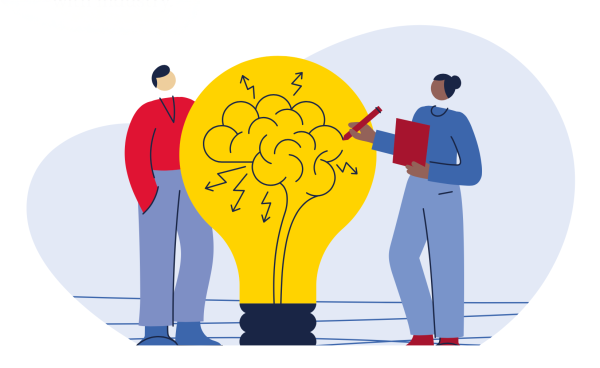 Illustration of two people looking at a lightbulb that has a brain drawn inside of it