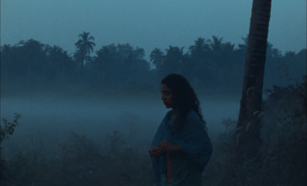 Image of a person standing against a blue fog in the background