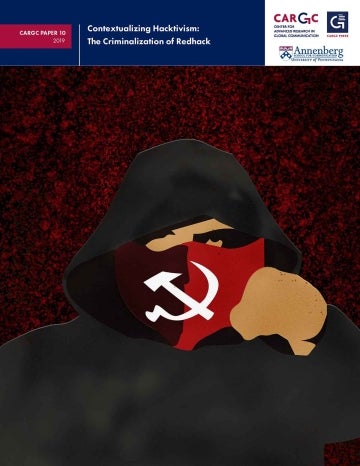 Portrait of person wearing hood and mask with hammer and sickle, with title of CARGC Paper