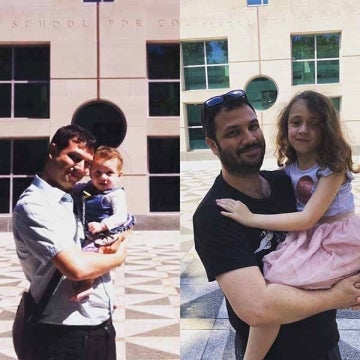 Two photos of man and his daughter side by side in front of the Annenberg building. In one, she is a baby, and in the other, she is 5 years older