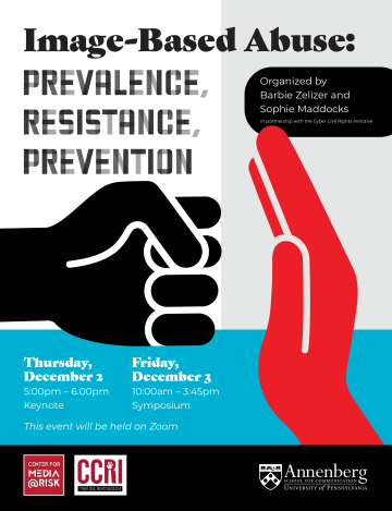 Abstract graphic of a red hand stopping a black fist with the words Image-Based Abuse: Prevalence, Resistance, Prevention as well as the event details