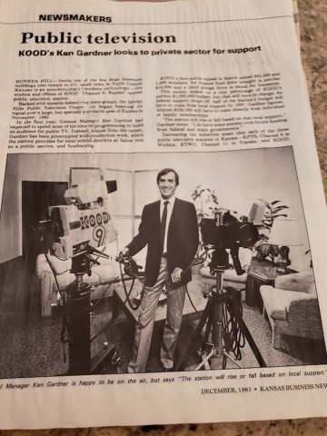 1983 newspaper clipping showing Ken Gardner in a TV studio with the headline "public television"