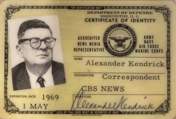 Alexander Kendrick Certificate of Identity as a CBS news correspondent, issued in 1969