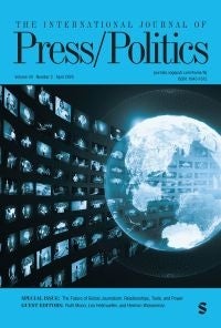 The International Journal of Press/Politics cover, transparent blue globe and stock images in background